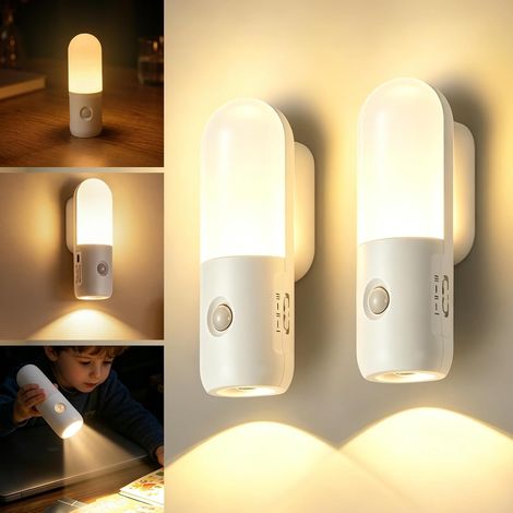 Veilleuse Detecteur de Mouvement, 2-En-1 Veilleuse Douce + Spot, Mise à Jour 1-200 Lm à Intensité Variable 3000K 4000K 6000K Graduable, Veilleuse Rechargeable Portable pour Chambre, Couloir (1/5)