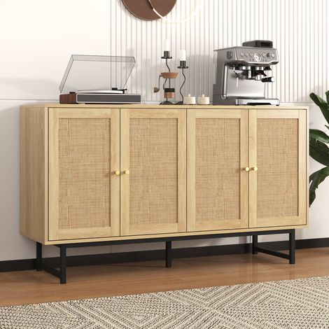 Buffet 140 x 39,5 x 80 cm avec portes en rotin naturel, meuble de rangement élégant à 4 portes (1/5)