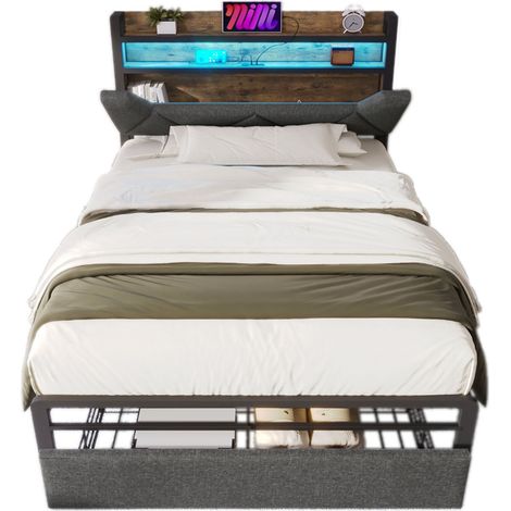 Lit avec Rangement 90 × 200 cm, Lit Simple avec USB, Type-C, LED, Tête de Lit et 1 Tiroir, sans Matelas (1/4)