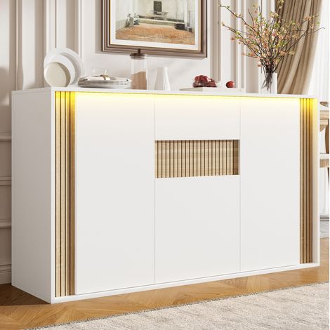 Aparador con 3 puertas, 1 cajón y LED regulable 140 x 40 x 82 cm blanco y natural OKMYHOME (1/5)