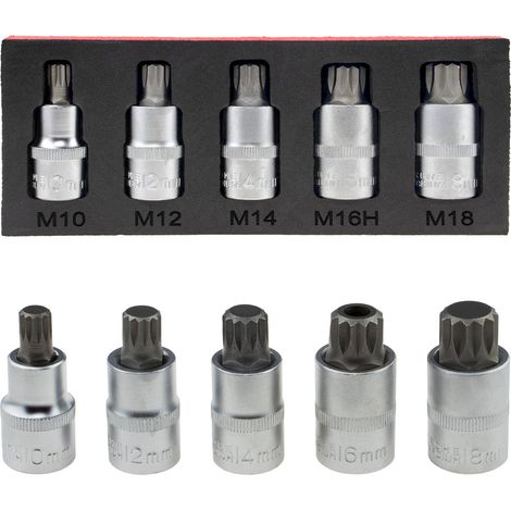 JUEGO DE PUNTAS 12 CARAS XZN SPLINE EN VASO 5 PIEZAS 1/2" - M10, M12, M14, M16 (INVIOLABLE), M18 (1/5)