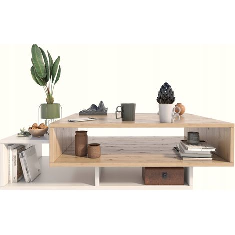 Table Basse SARA - Rétro Loft - 100cm x 50cm x 34cm - Chêne Artisan-Blanc (1/5)