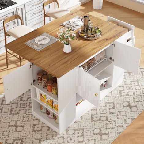 Ilot central de cuisine mobile - 2 portes et 3 tiroirs -140x70x90cm - étagères ouvertes - MDF - Blanc (1/5)
