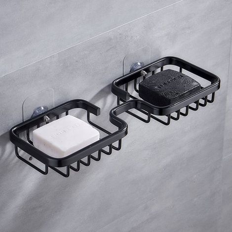 Jabonera - 2 piezas - Jabonera - Estante para jabón - Ducha - Baño - Aluminio espacial autoadhesivo negro (1/5)