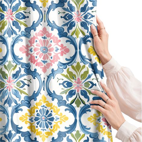 Rideau pour salon, cuisine, chambre, à œillets, 140 x 160 cm, rideaux prêts à poser, motif floral (1/5)