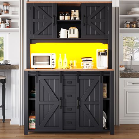 Küchenschrank MDF/Metall Schwarz 115x40x174,7 cm mit Schiebetüren, 2 Schubladen, verstellbaren Böden und LED-Beleuchtung (1/5)