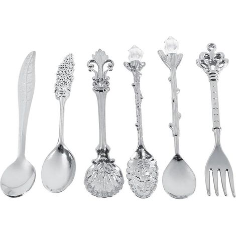 6 Cuillères à Dessert Vintage en Métal, Cuillères à Café Miniatures et Fourchettes, Set de Couverts pour Fruits, Lait et Dessert, Ustensiles de Cuisine et de Salle à Manger (1/5)