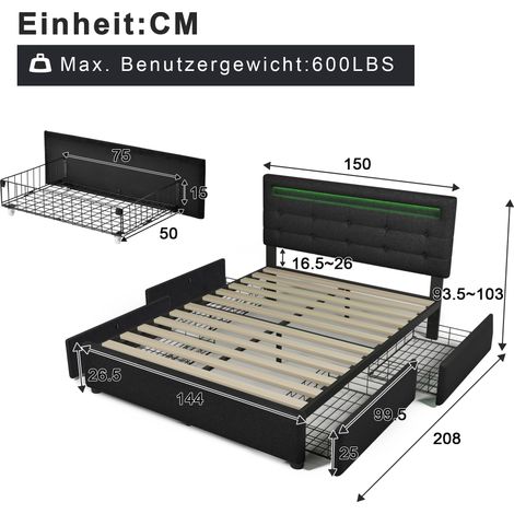 Cadre lit 140×200cm noir,éclairage LED et 4 tiroirs,lit double rembourré,tête réglable en hauteur,base à lattes bois sans matelas