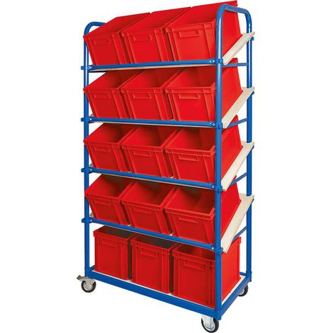 BRB Schrägboden-Regalwagen mit 5 Ebenen, bestückt mit 15 Euroboxen 400x300x235 mm (rot) (1/3)