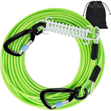 Câble d'attache robuste pour chien en acier, laisse de piquet avec ressort amortisseur et mousquetons de sécurité pivotants à 360°, idéal pour le jardin et le camping