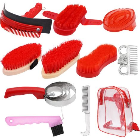 Kit de toilettage pour chevaux 10 pièces Ensemble de brosses de pansage équestre avec sac de transport transparent Outils de nettoyage pour soin des chevaux Rouge (1/5)