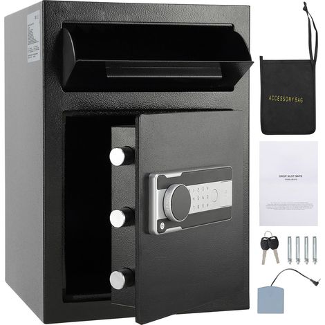 Coffre-fort de dépôt 2.5 cubes, serrure à code électronique, fente de dépôt, 2 clés de secours, 51,5 x 35,5 x 35,5 cm, pour argent, courrier, hôtel, bureau. (1/5)
