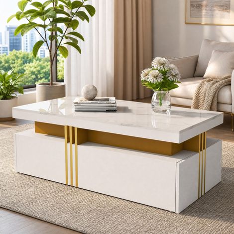 Mesa de centro rectangular 100 x 50 x 40 cm blanca con 2 cajones, tablero brillante DESVIAE (1/5)