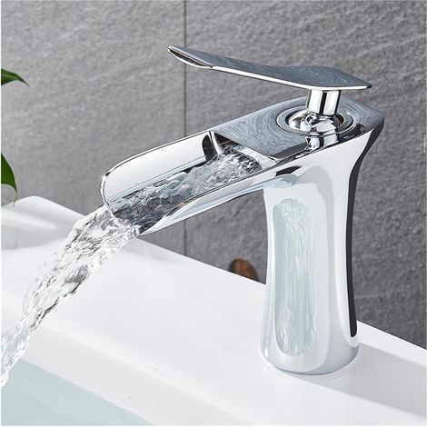Robinet de lavabo cascade, mitigeur de salle de bain avec flexible d'arrivée d'eau, adapté aux salles de bain modernes. (1/5)