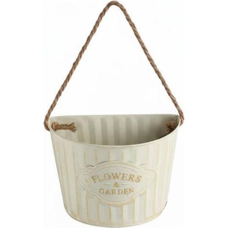 Fioriera da parete in ferro, vaso sospeso con corda robusta, rivestimento antiruggine, scritta in rilievo, adatta per casa, patio, giardino, decorazione del soggiorno, bianco sporco, L (1/5)
