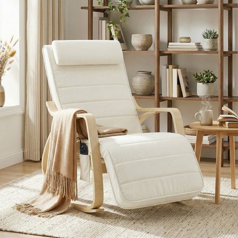 Mecedora con función de masaje, calefacción, reposacabezas y reposapiés, tapicería de terciopelo, reclinable, color blanco crema. (1/5)