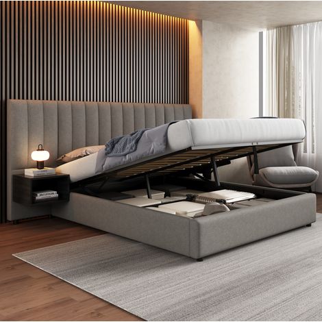 Lit coffre en tissu lin gris et noir 160x200 cm avec sommier à lattes et 2 tables de chevet (1/5)
