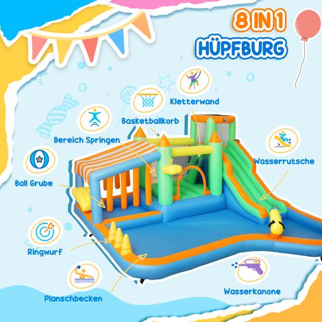 Château gonflable enfant avec toboggan aquatique, piscine à balles et mur d’escalade, intérieur et extérieur, 360 x 315 x 195 cm, multicolore