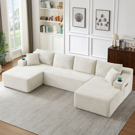 Sofá modular en U de corduroy beige con asiento profundo y espuma viscoelástica, sin montaje, OKWISH (1/5)