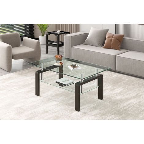 Mesa de Centro Rectangular de Dos Niveles con Estante Abierto para Salón de Vidrio Templado y Metal Transparente (1/5)