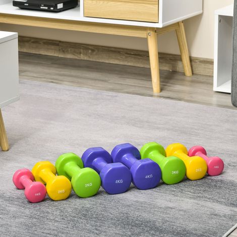 Set di 8 manubri esagonali HOMCOM da 20 kg, 4 paia da 4 kg, 3 kg, 2 kg e 1 kg, in neoprene con rivestimento antiscivolo, ideali per allenamento a casa. Multicolore.