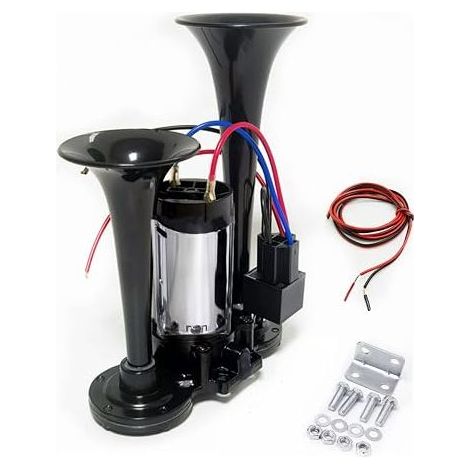 Car Horn 24V Double Tube Black Car Air Horn Speakers Waterproof High and Low Tone Air Horn for 24V Truck Yacht etc (1/5)