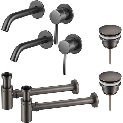 FugaFlow Eccelente Sobrado Slim Kit robinet lavabo - pour double vasque - robinet rehaussé - bonde clic clac - siphon design bas - Gunmetal PVD (1/4)
