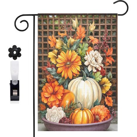 Drapeau de jardin style rustique et citrouilles blanches 30 x 45 cm décoration terrasse et extérieur (1/5)