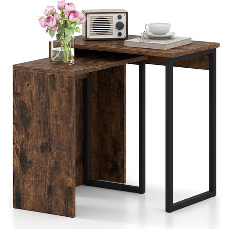 Lot de 2 tables gigognes marron rustique en métal avec plateaux effet bois et pieds antidérapants pour salon et chambre (1/5)