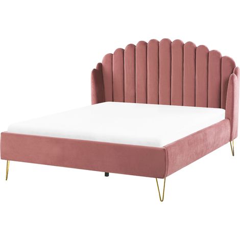 Letto con rete in velluto rosa 140 x 200 cm gambe in metallo testata retro capitonné Ambillou