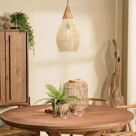 SIXTINE - Suspension 'goutte' 25x25cm bois de teck et rotin naturelle (1/5)