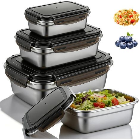 Set di 3 contenitori in acciaio inox: contenitori a tenuta stagna con coperchio, ideali per cucina, scuola e viaggi (1800 ml + 850 ml + 350 ml) (1/5)