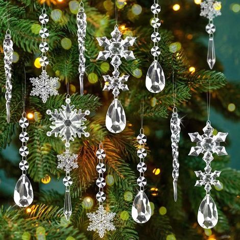 Lot de 18 Décorations en Cristal pour Sapin de Noël, Acrylique Flocon de Neige Glaçons de Noël, Arbre de Noël Ornements de Flocons