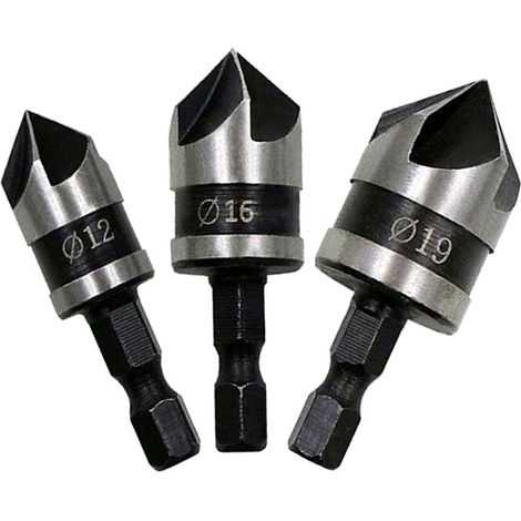 Lot de 3 forets fraisés pour bois - 5 fraises coniques - Avec tige hexagonale en métal - 90° - 5 rainures - Outil de chanfrein - Diamètre : 12, 16, 19 mm (1/5)