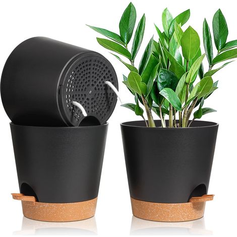 3 macetas de plástico de riego automático negro de 20 cm con platillo con sistema de riego Maceta perezosa adecuada para jardín de balcón interior y exterior (1/5)