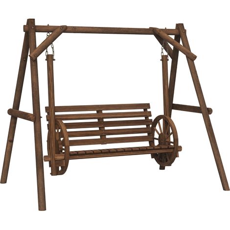 Balancelle de jardin 2 places en bois avec accoudoirs et roues de chariot, 200 x 137 x 167 cm (1/5)
