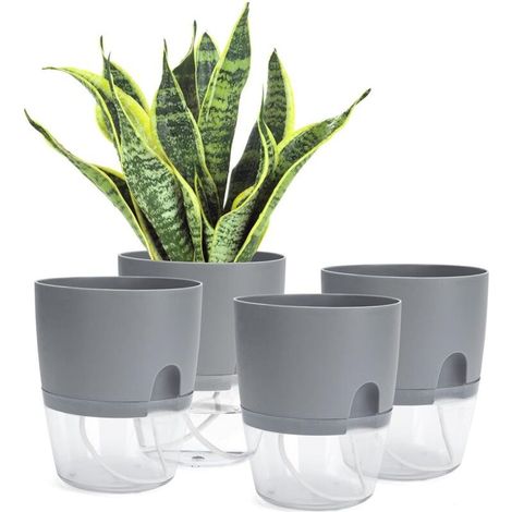 4 Pots de fleurs, Système d'arrosage automatique, Double couche, Transparent, Intérieur Bureau (1/5)