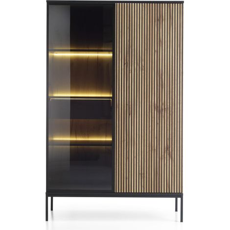 Vitrine haute moderne à façade cannelée, 104 × 166 × 39 cm, Noir / Chêne Wotan (1/5)