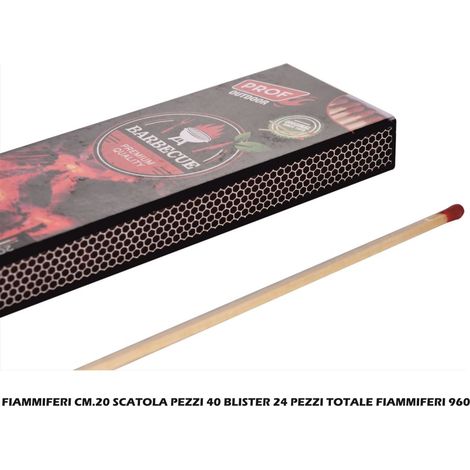 Fiammiferi Lunghi 20 cm per Barbecue, Camino e Stufa – Confezione da 40 Pezzi, Fiammiferi in Legno per Accensione Fuoco, BBQ e Candele – 40806011