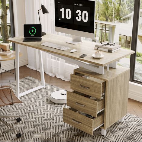 Bureau avec 3 tiroirs, rangement intégré, MDF décor bois naturel et blanc, 130x55x75 cm