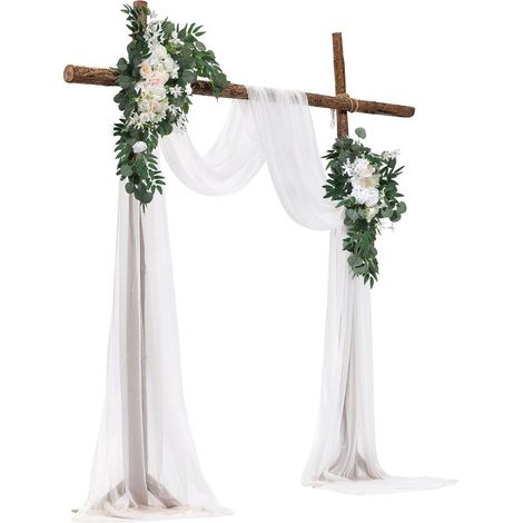 Fleurs artificielles arche mariage blanc kit 4 pieces 2 arrangements floraux 2 voiles decoration ceremonie reception (1/5)