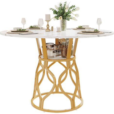 Table ronde à manger 100 cm pour 4 à 6 personnes avec étagère intégrée, plateau MDF aspect marbre, structure métal doré et pieds réglables - CHICFURN (1/5)
