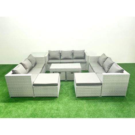 Fimous Polyrattan Gartenmöbelset mit Graue Kissen 13-Sitzer mit Couchtisch und Beistelltisch (1/5)