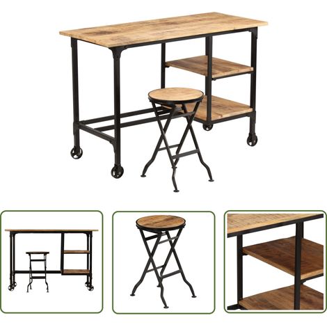 The Living Store Bureau avec tabouret pliant Bois de manguier massif 115x50x76cm - Bureau Vintage - Bureau Design - Bureau Ordinateur - Bureau Pliable - Bureau Rangement (1/5)