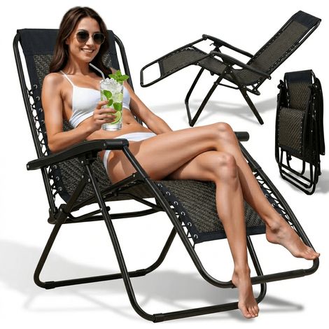 Chaise longue de jardin/plage linbox HG-017, pliable, réglable et résistante (jusqu'à 150 kg), avec accoudoirs et appui-tête - Idéale pour le jardin, la terrasse et la plage (1/5)