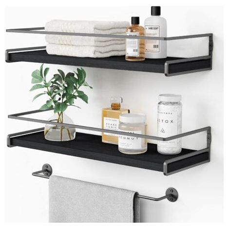 Étagères murales de salle de bain noires Forbena (lot de 2), étagères murales à épices de cuisine, étagères murales suspendues en bois modernes (gris-noir) (1/4)