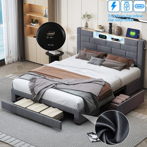 Cama Doble 160x200 cm en Terciopelo con 3 Cajones - Iluminación LED - Puertos USB + Type-C - Somier de Lamas - Gris