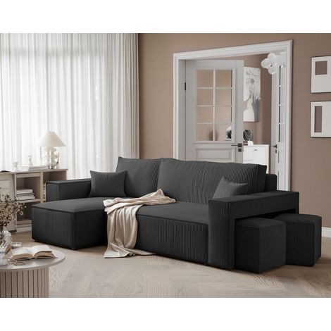 Ecksofa Schlafsofa Sofa ADARA inkl. Hocker Stoff Poso Schwarz Ottomane Links
