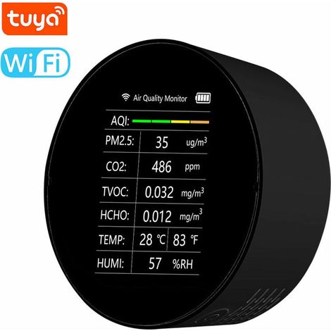 Tuya WiFi-Luftqualitätsdetektor, multifunktionaler 7-in-1-PM2.5-TVOC-CO2-HCHO-Temperatur-Feuchtigkeits-AQI-Detektor, Home-Office-Auto-Innenraum-Luftqualitätsmonitor (schwarz) (1/5)