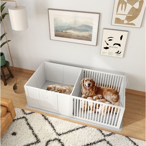 Parc pour chiots 176 x 80 x 50 cm en MDF blanc avec porte réglable DESVIAE (1/5)